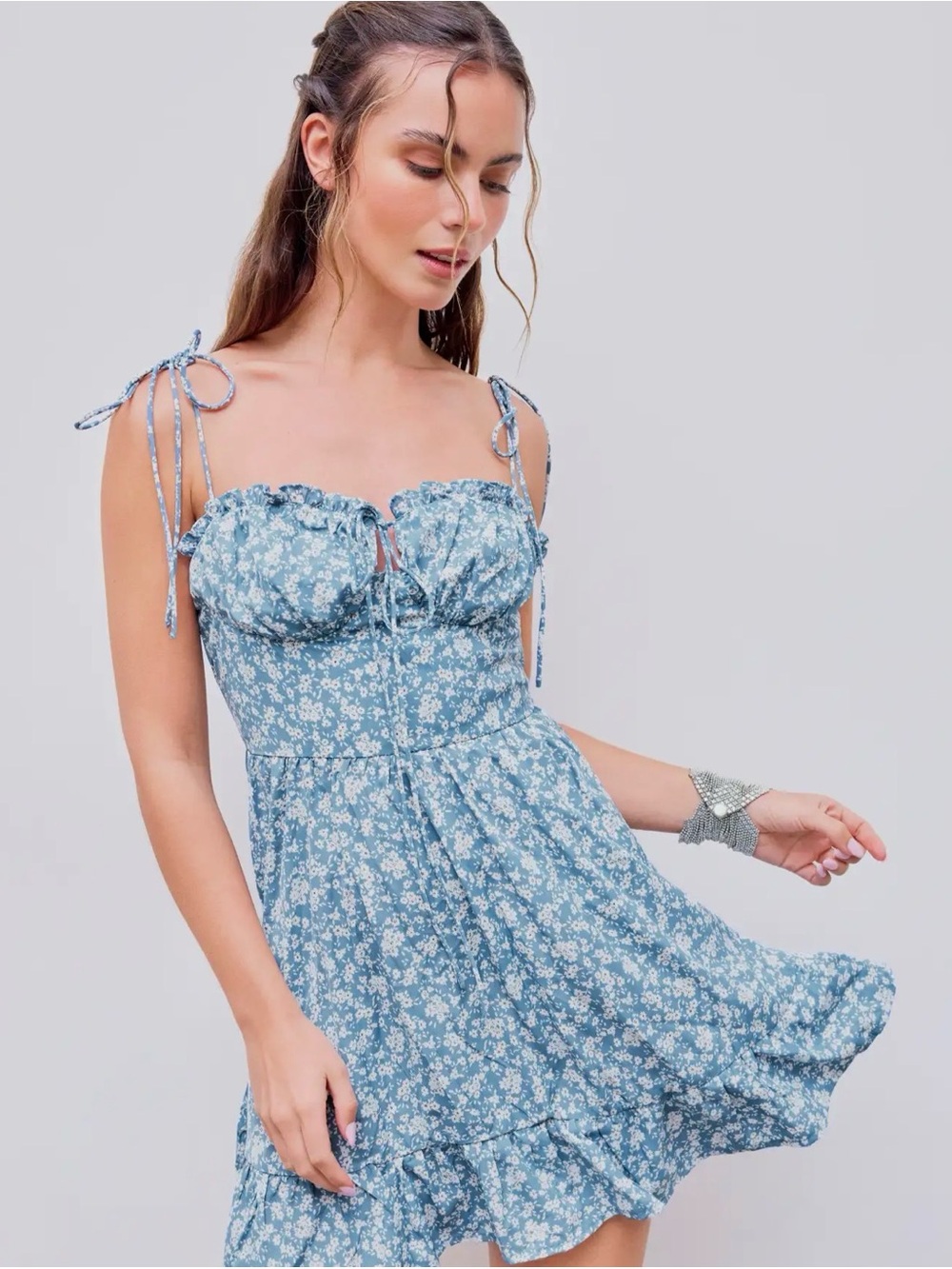 Cider Blue Floral Tie-Shoulder Mini Dress